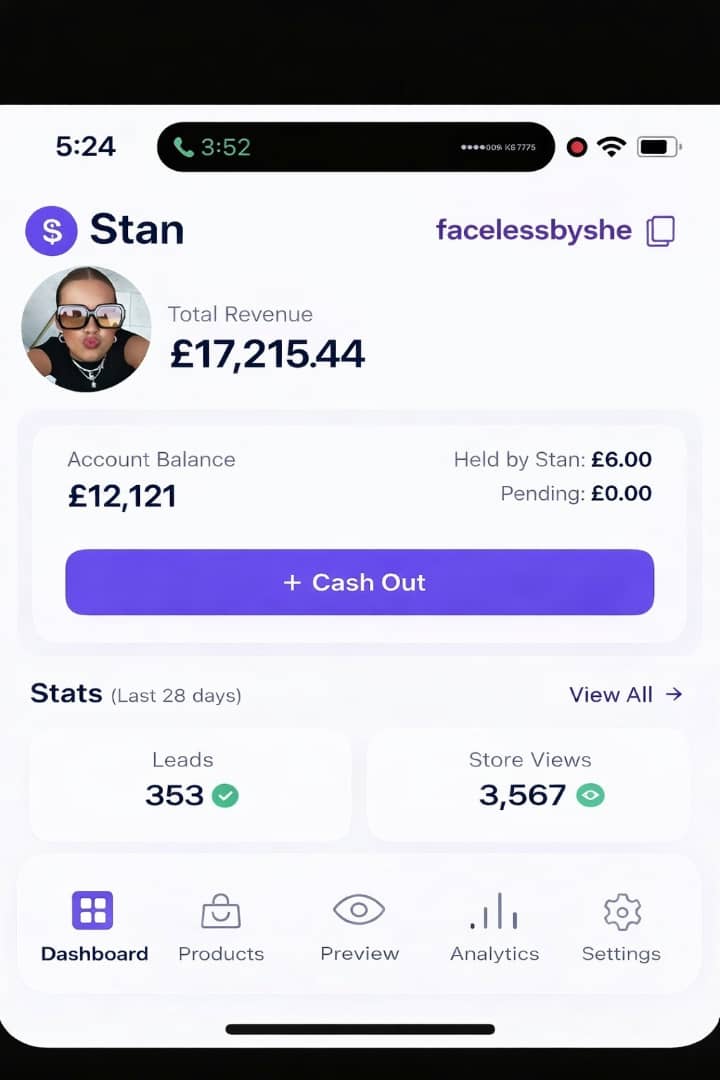 facelessbyshe — £17,215 total revenue · £12,121 balance